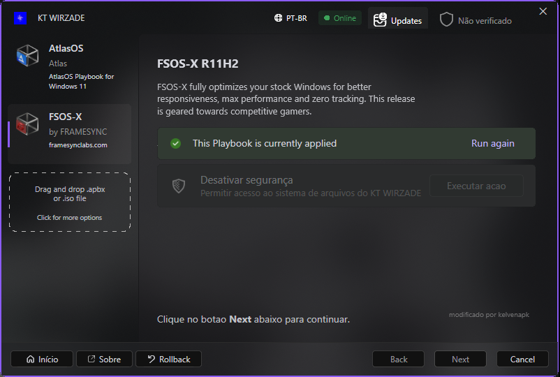 Interface real do KT WIRZADE 1.0.1 mostrando os playbooks AtlasOS e FSOS-X R11H2